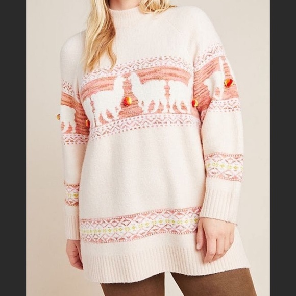 ANTHROPOLOGIE Pale pink peach llama Pom Pom sweater medium - Picture 3 of 10
